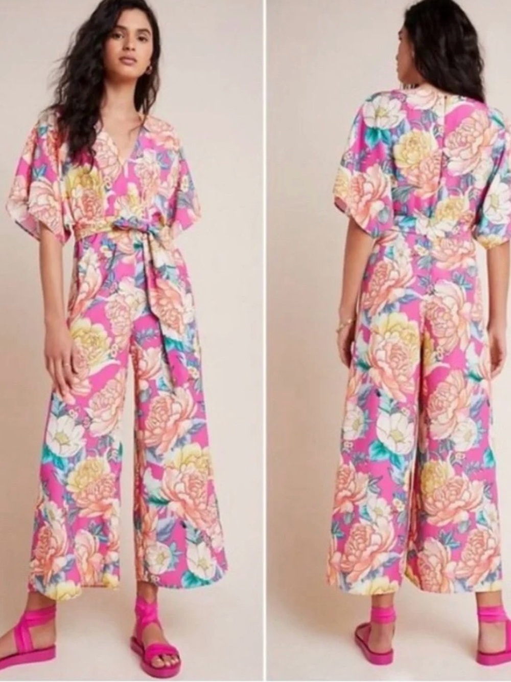 Farm Rio Anthropologie Eulalie Floral Print Wide Leg Jumpsuit EUC